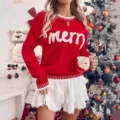 Red Christmas sweater for women, casual long sleeve knitwear paired with a white skirt. - S / Tops / Red