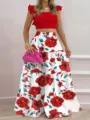 Women floral two-piece set camisole crop top and tiered long skirt summer fashion outfit - Red Printed