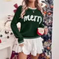 Christmas green knit sweater and white skirt set for women, casual long sleeve pullover. - S / Tops / Dark Green