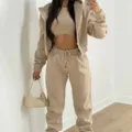 Women 3 piece tracksuit set zip up hoodie cropped tank top sweatpants casual activewear - S / Milky White