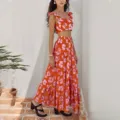 Floral print two piece crop top and tiered maxi skirt set in vibrant orange, chic summer style - Orange Print