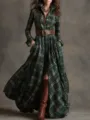 Vintage green plaid long sleeve maxi shirt dress with brown belt and boots for women. - S / Dresses / No.2 Green