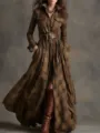 French vintage brown plaid long sleeve maxi shirt dress with wide leather belt for women - S / Dresses / Khaki