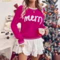 Christmas pink knit sweater for women long sleeve casual holiday pullover top warm fashion - S / Tops / Rose Red