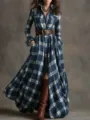 French vintage blue white plaid maxi shirt dress with long sleeves and brown leather belt. - S / Dresses / Navy Blue