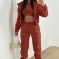 Women Casual 3-Piece Fleece Tracksuit Zip Up Hoodie Crop Top And Jogger Sweatpants - Brown