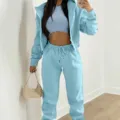 3-piece fleece-lined tracksuit women casual hoodie crop top sweatpants set light blue - Light Blue