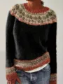 Women's casual round neck color block long sleeve knitted pullover sweater detail view. - S / Tops / 8500-Black
