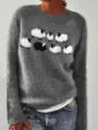 Women grey knit sweater with cute black and white sheep pattern long sleeve casual pullover top - S / Gray Sheep