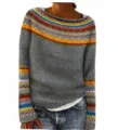 Details of the grey Nordic pattern knit sweater, showcasing colorful yoke design and cuffs. - S / Tops / Yellow