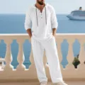 White linen hoodie long sleeve shirt and matching pants set for men casual beach wear - White
