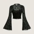 Black mesh floral flocked long sleeve top with camisole two-piece set elegant fashion - XS / Tops / Black