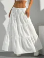 White tiered maxi skirt detail, lightweight fabric with drawstring elastic waist for casual wear. - S / White