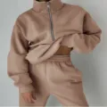 Casual half-zip fleece sweatshirt and sweatpants tracksuit set for women street style. - Khaki