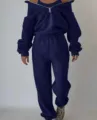 Dark blue fleece tracksuit set for women, casual zip sweatshirt and comfortable sweatpants. - Navy Blue