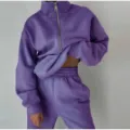 Purple half-zip fleece sweatshirt and sweatpants two piece set for women street style. - Purple