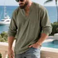 Camisa Henley de Manga Larga de Pana para Hombre Casual Suelta Retro Otoño Top Nuevo - S / Tops / Verde Militar