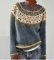 Women's crew neck color block loose knit sweater with retro Nordic pattern for casual daily wear. - S / Tops / Aqua