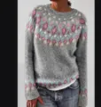 Detailed view of women's grey crewneck patterned knit sweater with colorful diamond design. - S / Gray Diamond