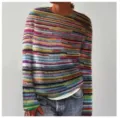 Close-up detail of a colorful striped crew neck knit sweater with a relaxed casual fit. - S / Tops / Multi-color