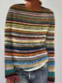 Women's colorful striped knit sweater, casual round neck loose pullover top for daily wear. - S / Tops / Coffee