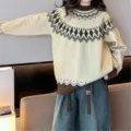 Women crewneck colorblock knit sweater long sleeve casual pullover sweater soft warm top - S / Coffee