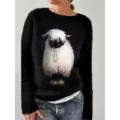 Women black knit sweater detail showcasing cute sheep graphic print casual pullover top design - S / Tops / Black