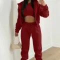Women three piece tracksuit set winter casual fleece lined hoodie crop top and sweatpants. - Burgundy