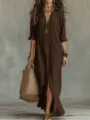 Robe longue unie a manches longues col revers et fente avant style decontracte mode femme - Marron