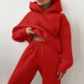 Women red solid hoodie sweatpants tracksuit set casual thick sportswear 2026 spring fashion - Bright Red New