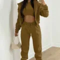 Women's Fleece Lined 3-Piece Tracksuit Casual Hooded Sweatshirt Crop Top Sweatpants Khaki - Tan