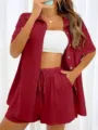 Women casual short sleeve shirt button down shorts set summer two piece outfit wine red - Rouge Red