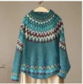 Women's Nordic Pattern Round Neck Loose Knit Sweater Casual Color Block Pullover Top - S / Tops / Lake Blue