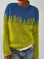 Colorblock round neck knit sweater featuring a stylish forest pattern for women's daily wear. - S / Yellow & Blue