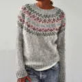 Gray Nordic floral crew neck long sleeve knit sweater casual pullover top for women. - S / Tops / Green Leaf