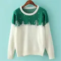 Women's Round Neck Color-Block Knit Sweater Casual Winter Long Sleeve Pullover Top Green - S / Tops / 8723