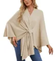 Women elegant solid color soft knit poncho cape sweater top with V-neck and draped front design. - One Size / Creamy Yellow