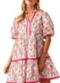 Details of the floral print short sleeve V-neck tiered mini dress, stylish casual loose fit. - S / Pink