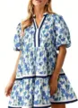 Blue and white floral tiered mini dress featuring short puff sleeves and stylish V-neck trim. - S / Sapphire Blue
