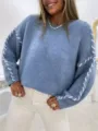 Mujer casual jersey de punto azul con cordones blancos laterales, top de cuello redondo. - S / Azul cielo