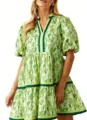 Green floral print puff sleeve tiered mini dress with v-neck for women summer chic. - S / Yellow-Green