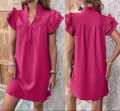 Vrouwen Zomer Stijlvol Casual V-Hals Elegante Dubbele Volant Mouw Jurk Magenta Trui - S / Rozerood