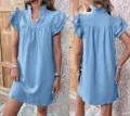 Vrouwen Zomer V-Hals Meerlagen Ruisjkes Mouw Casual Trui Jurk Mode Elegant Stijl - S / Lichtblauw