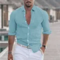 Men long sleeve linen shirt detail, casual beach wear in light blue, breathable cotton fabric. - S / Light Blue
