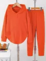 Solid color pleated hoodie and pants loungewear set, long sleeve casual two piece outfit. - S / Top And Bottom / Orange Red