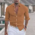 Casual men's long sleeve linen shirt with lapel collar for summer beach holiday wear detail. - S / Tan