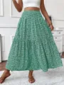 Preciosa falda larga verde con estampado floral y volantes para un estilo elegante. - S / Floral Verde