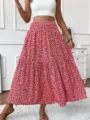 Falda larga roja de flores con volantes y talle alto, elegante falda casual de mujer para diario. - S / Flor Roja