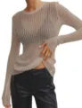 Top à manches longues en tricot côtelé beige, design col rond décontracté, doux et respirant. - S / Marron