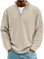 Close-up view of the men's casual ribbed knit quarter-zip sweater collar and zipper detail. - Khaki
